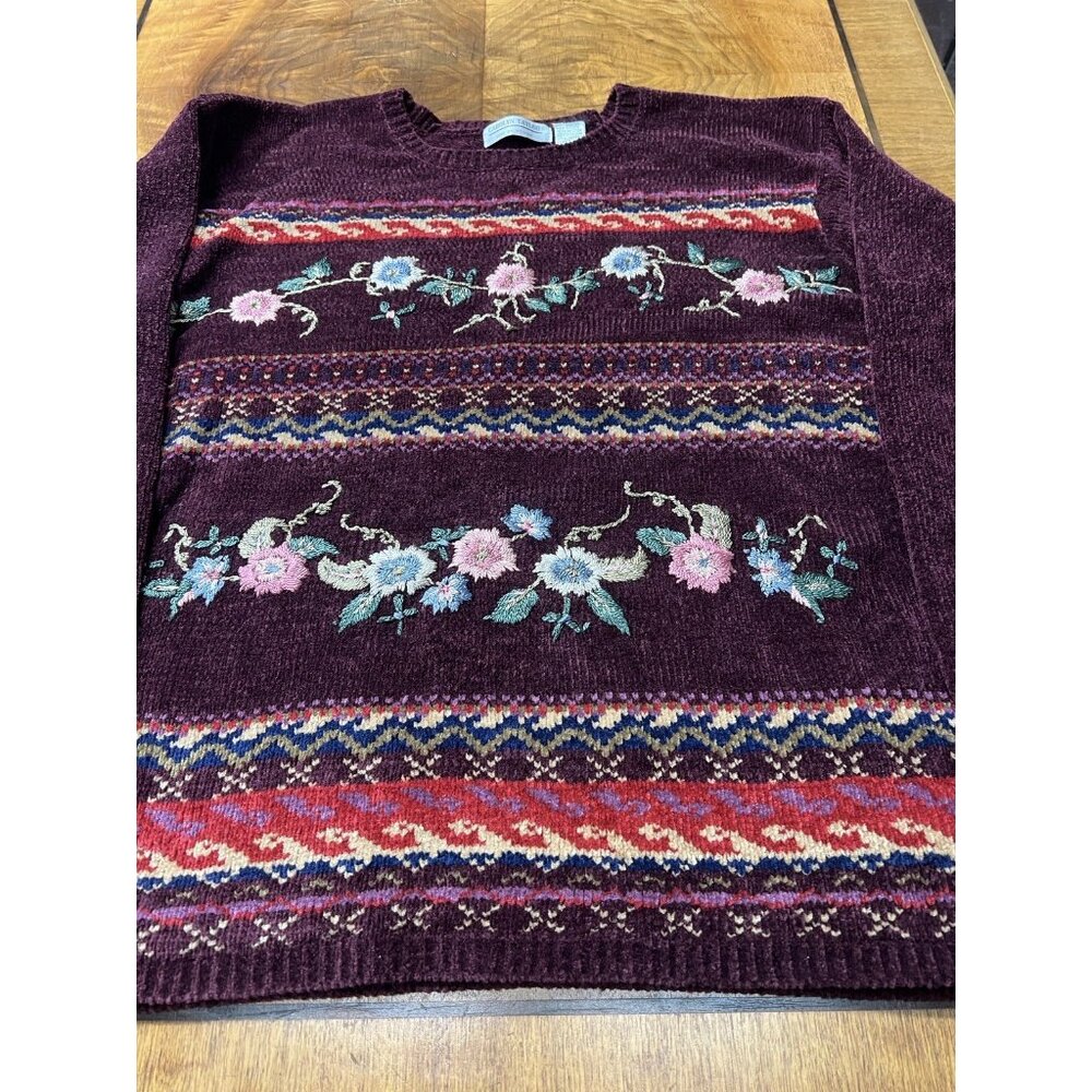 Vtg 90s CAROLYN TAYLOR Women’s Large Plum Purple Floral Embroidered Sweater